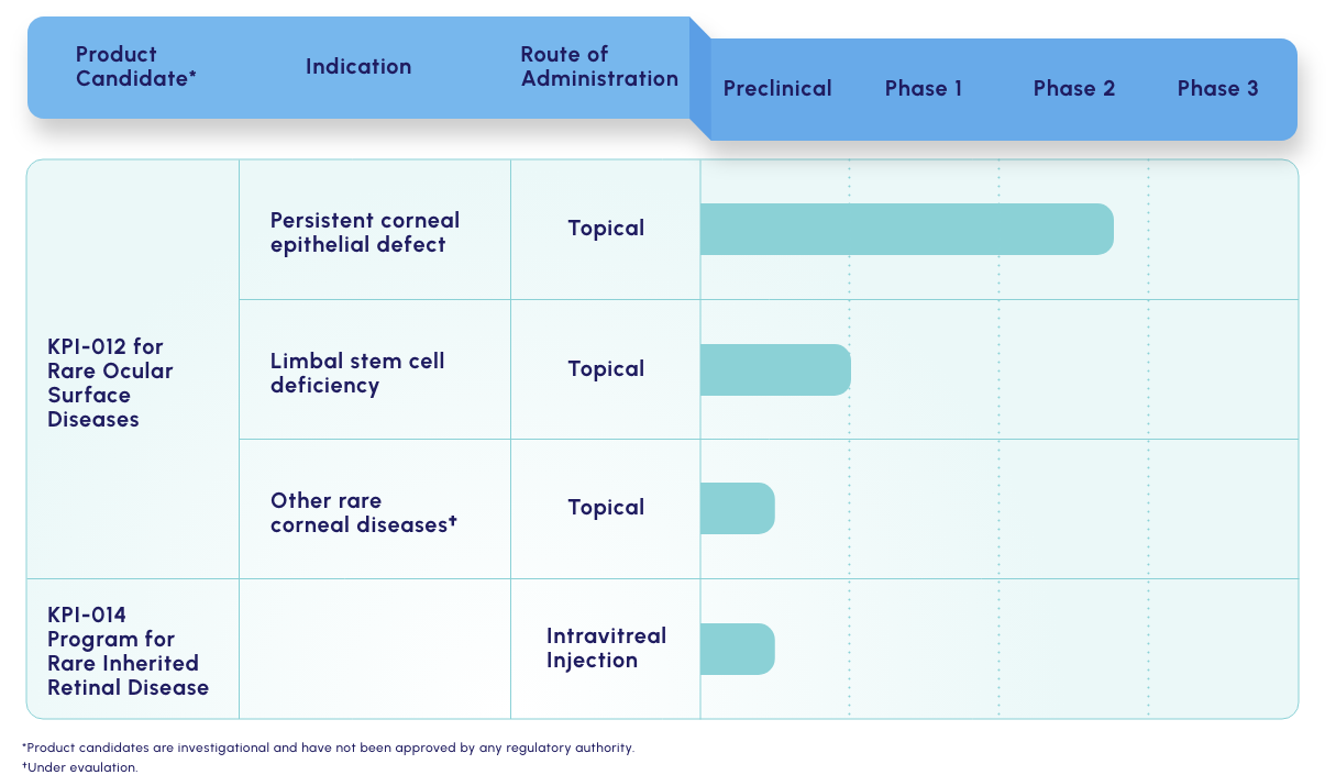 KALA BIO development pipeline which includes indication, route of administration, and clinical status for KPI-012 for rare ocular diseases and the KPI-014 program for rare inherited retinal disease. KPI-012 topical treatment for persistent corneal epithelial defect is currently in Phase 2 clinical trial. KPI-012 topical treatment for gimbal stem cell deficiency is at the end of the preclinical stage. KPI-012 topical treatment for other rare corneal diseases is currently in the preclinical phase. The KPI-014 program intravitreal injection is currently in the preclinical phase.